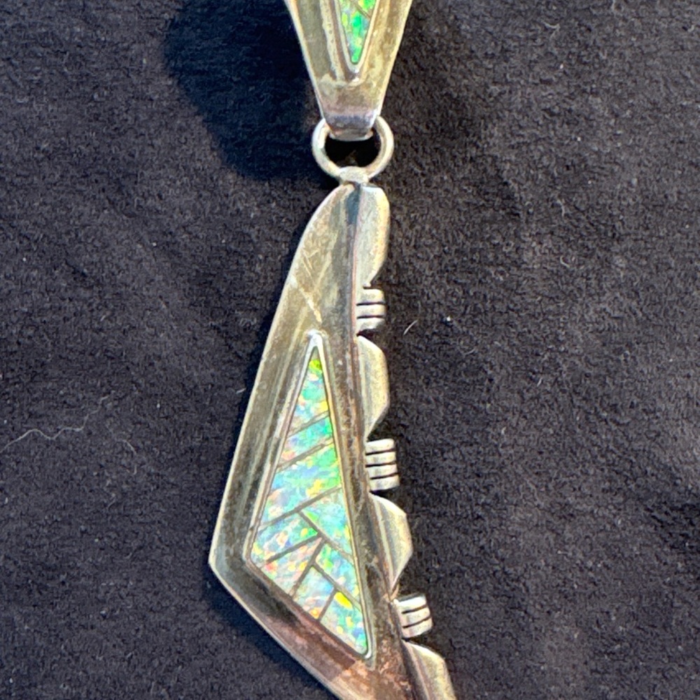 Vintage Sterling and Opal Inlay Abstract Bird Necklace Navajo Pendant Navajo